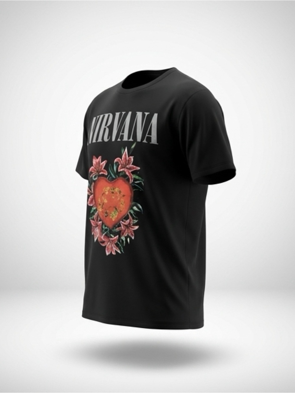 NIRVANA Black Tee with Red Heart and Pink Flowers